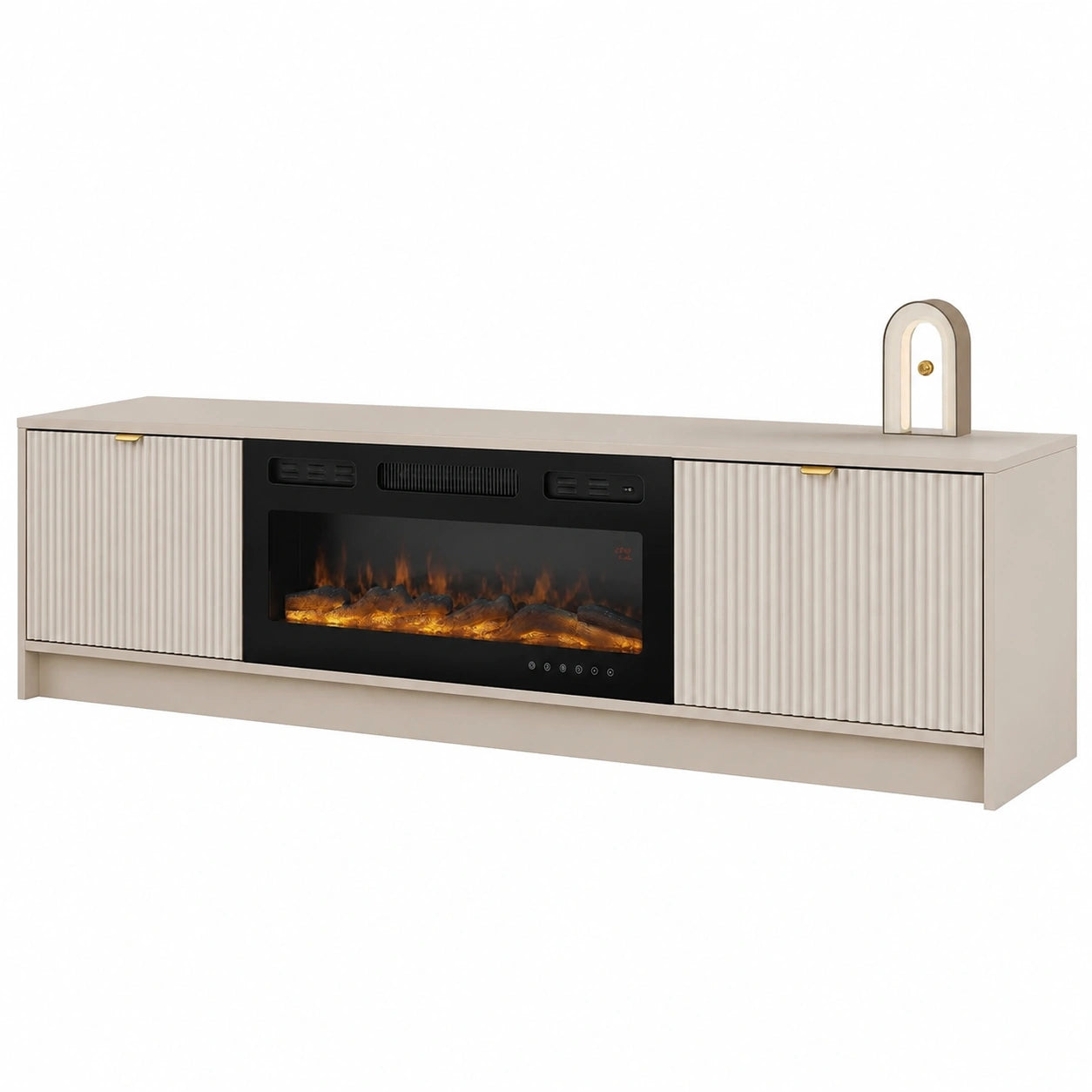 TV-Schrank mit Elektrokamin und realistischem LED-Feuer, Tireno EF, Sandbeige
