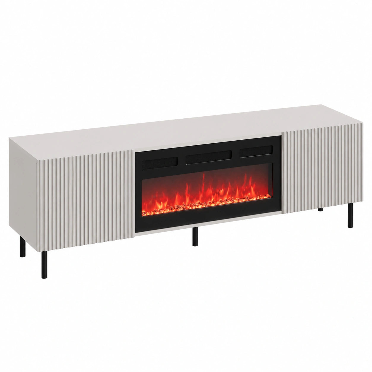 Elektrischer TV-Schrank mit Kamin, LED-Flamme und Fernbedienung, Dekokristalle, Grifflose Front, Heizfunktion