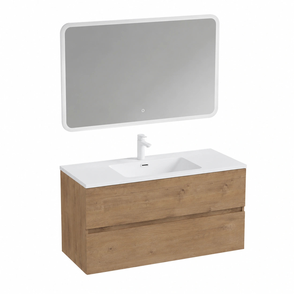 doporro Badmöbel-Set mit Waschbeckenunterschrank und LED-Spiegel, Wandmontage, 100x48x50 cm, Kerneiche, inklusive Mineralguss-Waschbecken