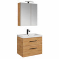 Modernes Badmöbel-Set mit Waschtisch und Unterschrank, Spiegelschrank mit LED-Licht und Steckdose, Schwarz Matt und Eiche Gold