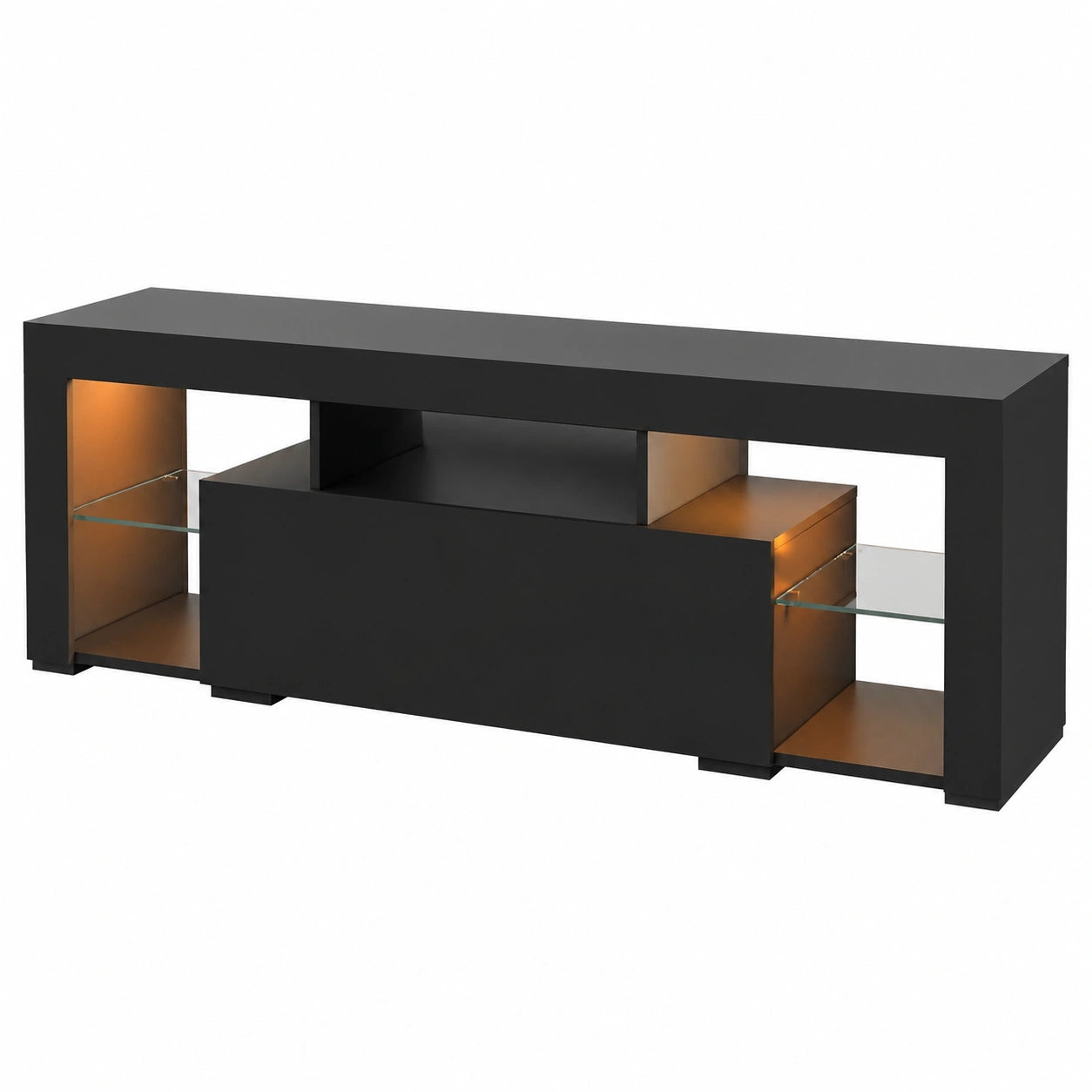 Schwarzes TV-Lowboard mit LED-Beleuchtung für Fernseher bis 60 Zoll, 20 Farben, Offener Stauraum und Schubladen