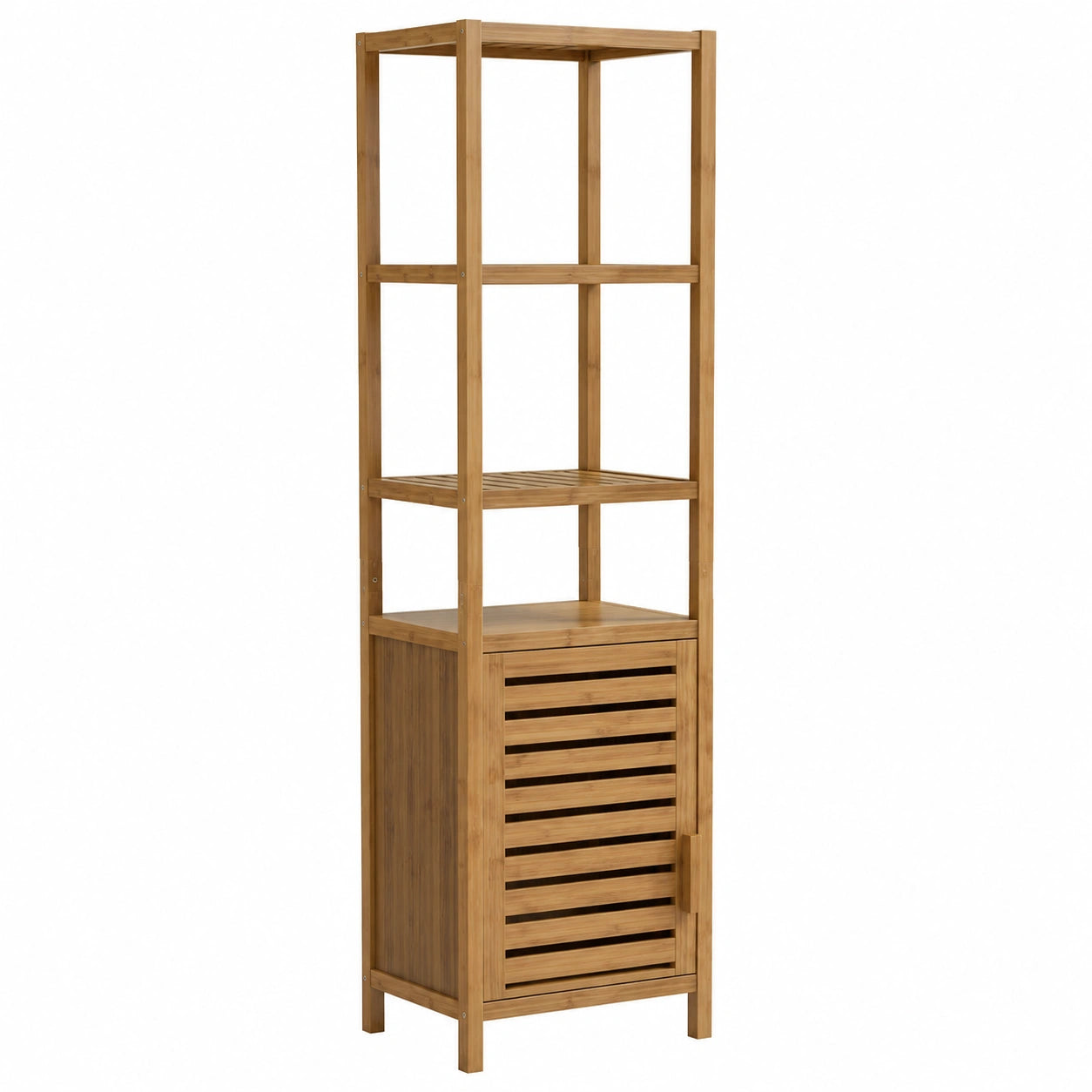 HITNET Hochschrank aus Walnuss mit Bambuselementen, Schmaler Badschrank mit Verstellbaren Regalböden und offenem Regal für Bad, Küche und Wohnzimmer