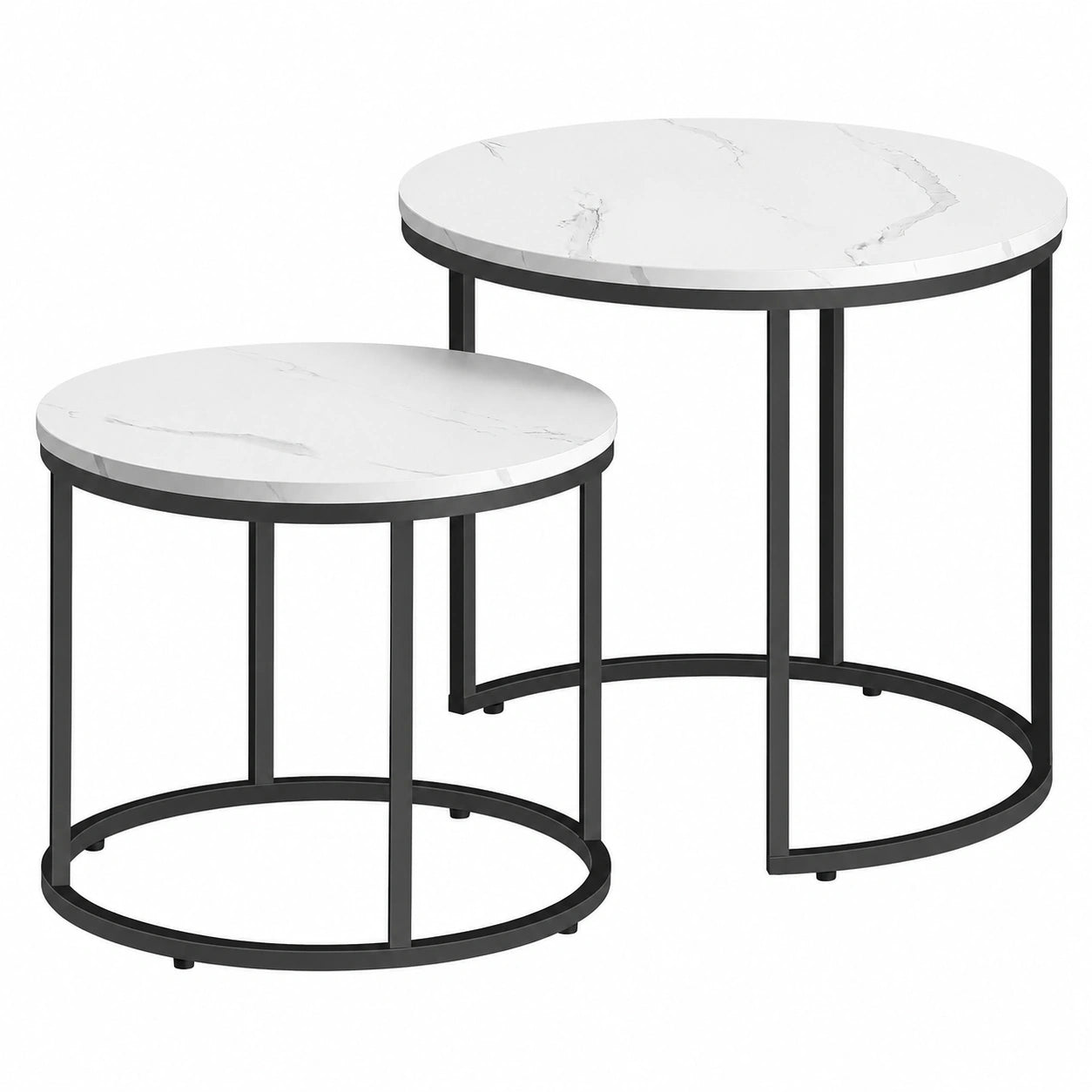 Modernes 2er Set Runder Couchtisch im Loft-Design mit Marmoroptik und Schwarzen Beinen