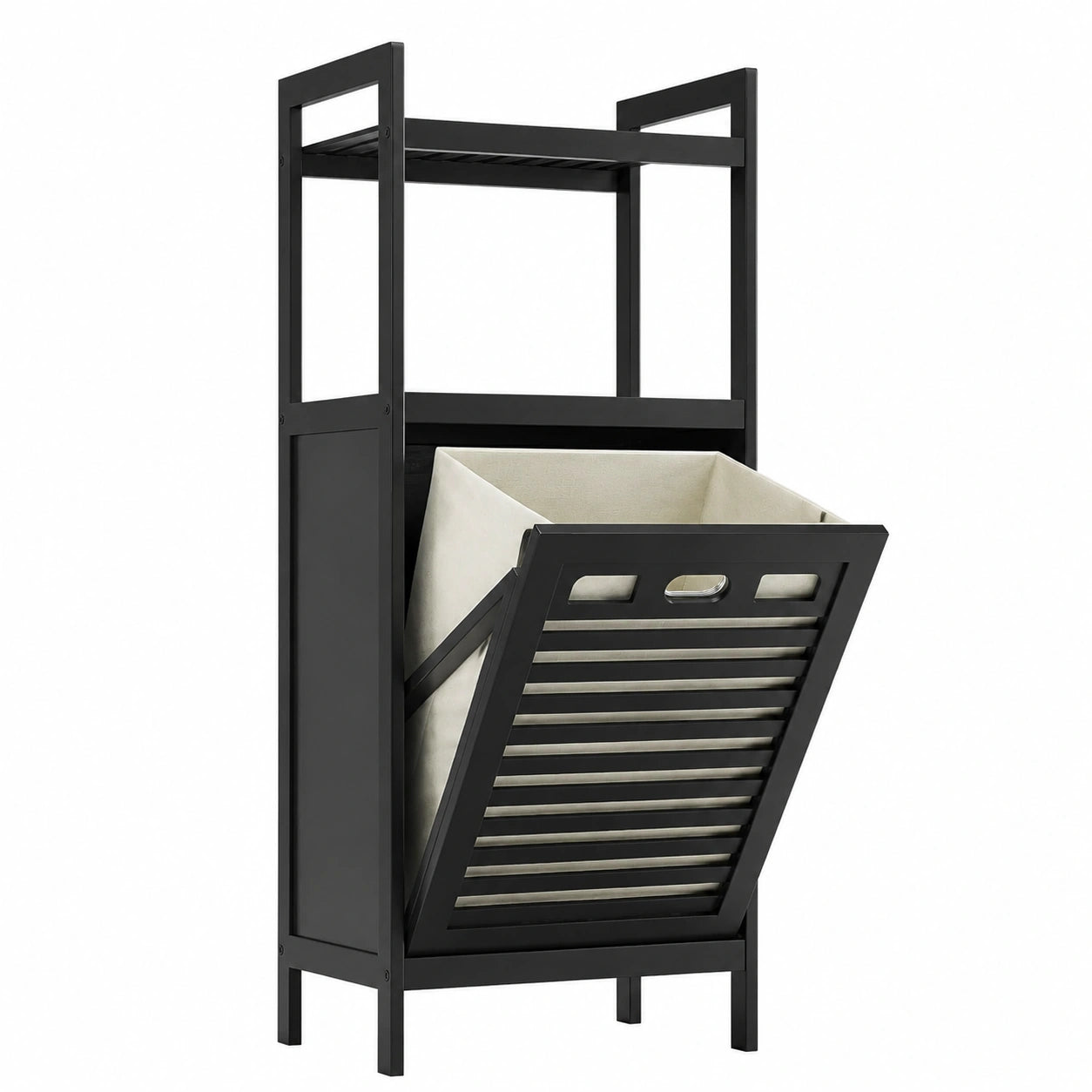 Bambus-Badschrank mit Wäschesammler und offenen Regalen, 40L herausnehmbarer Wäschekorb, schwarz