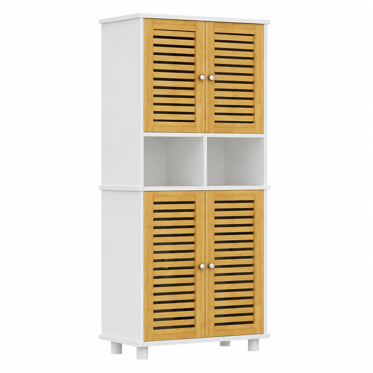 Hochschrank aus Bambus mit 4 Türen & 3 Fächern, Verstellbar für Bad & Küche, Weiß, 60x30x128 cm